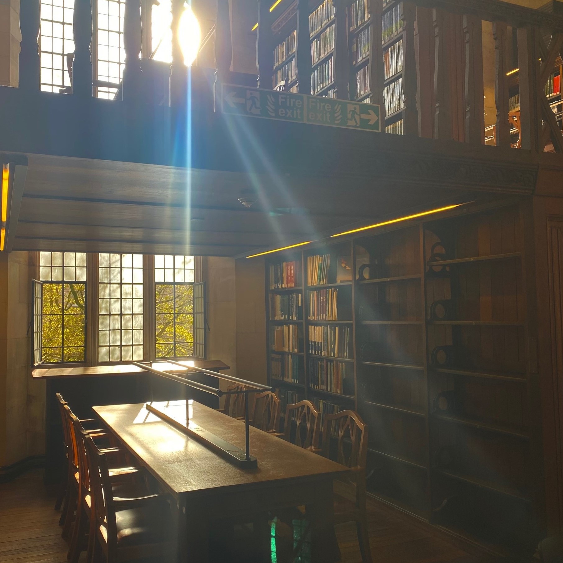 Wills library study desk with sun coming through window